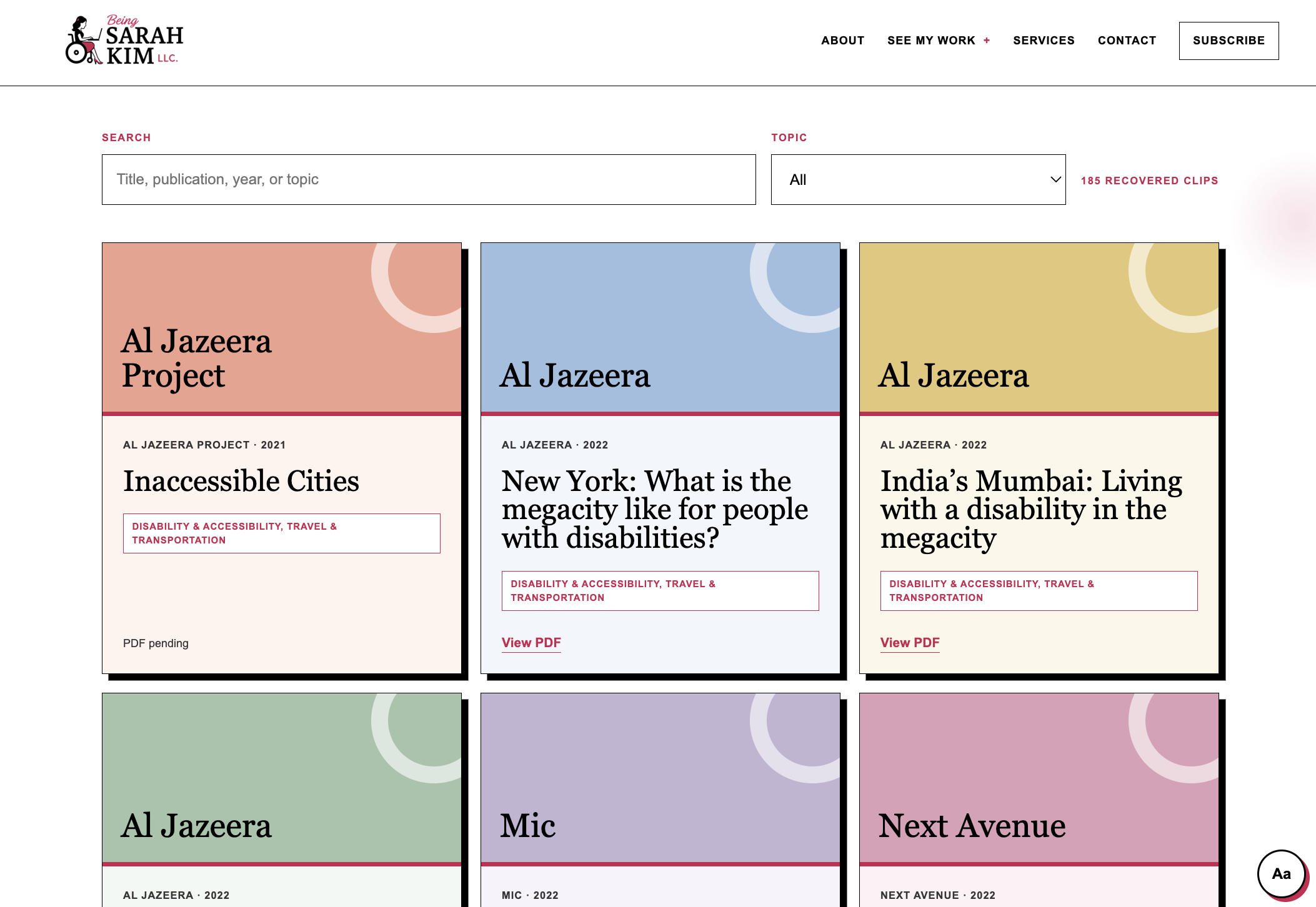 Searchable Being Sarah Kim LLC journalism archive with a topic filter and article cards
