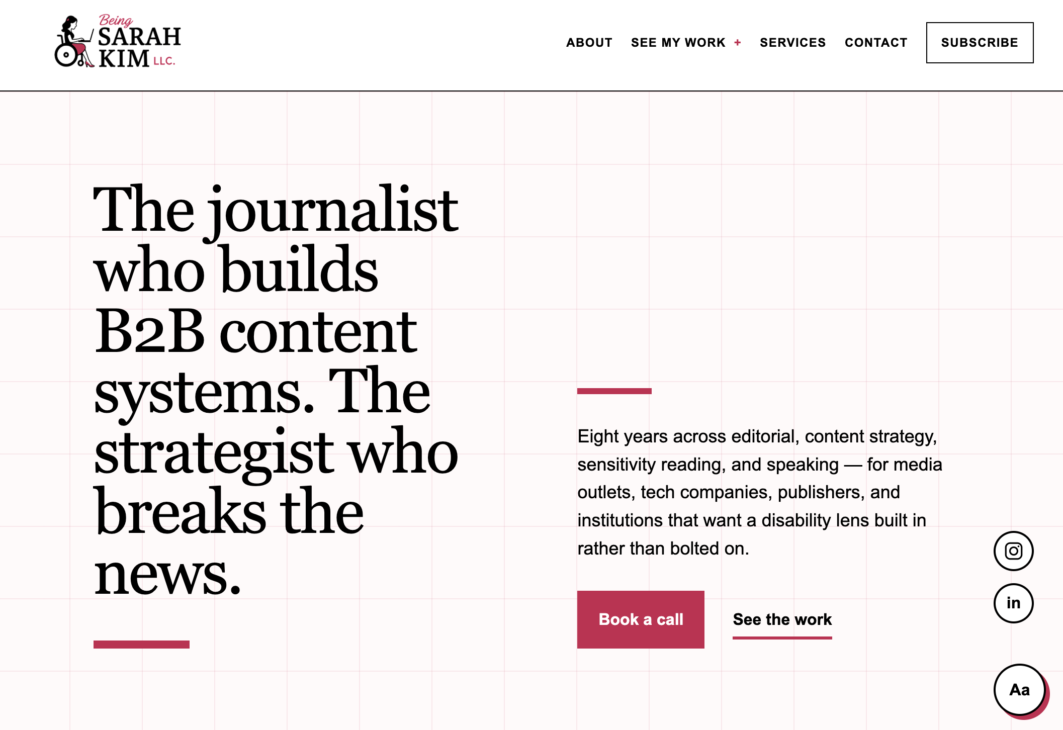 Being Sarah Kim LLC homepage with an editorial grid and large typography