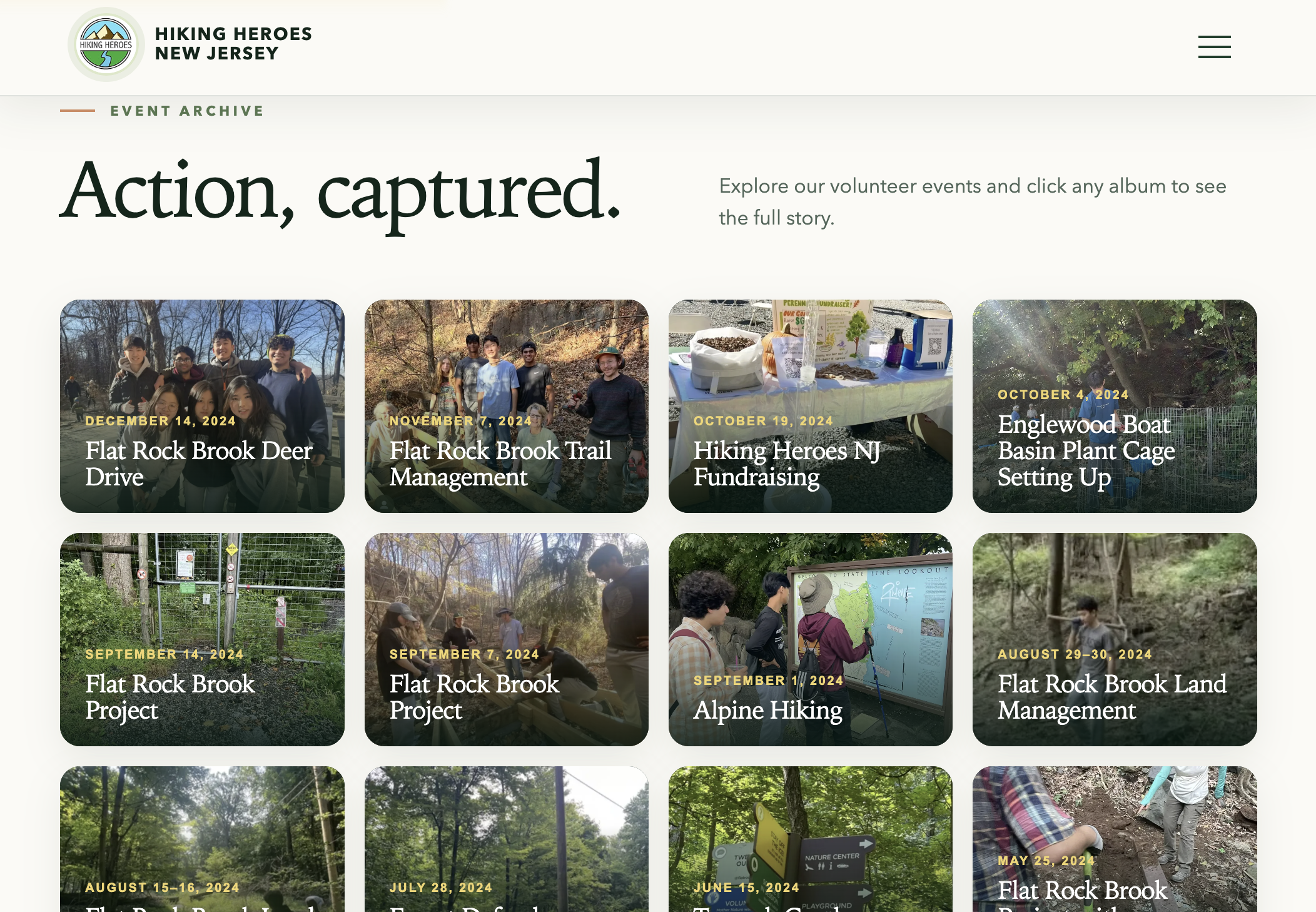 Hiking Heroes New Jersey event archive with a grid of volunteer project albums