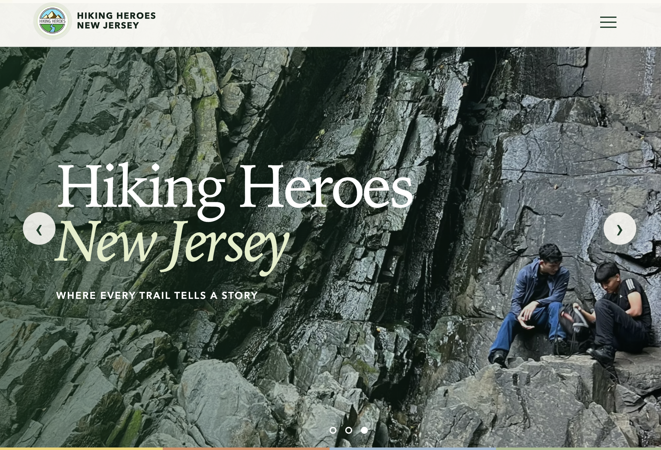Hiking Heroes New Jersey homepage with a full-screen rocky landscape hero