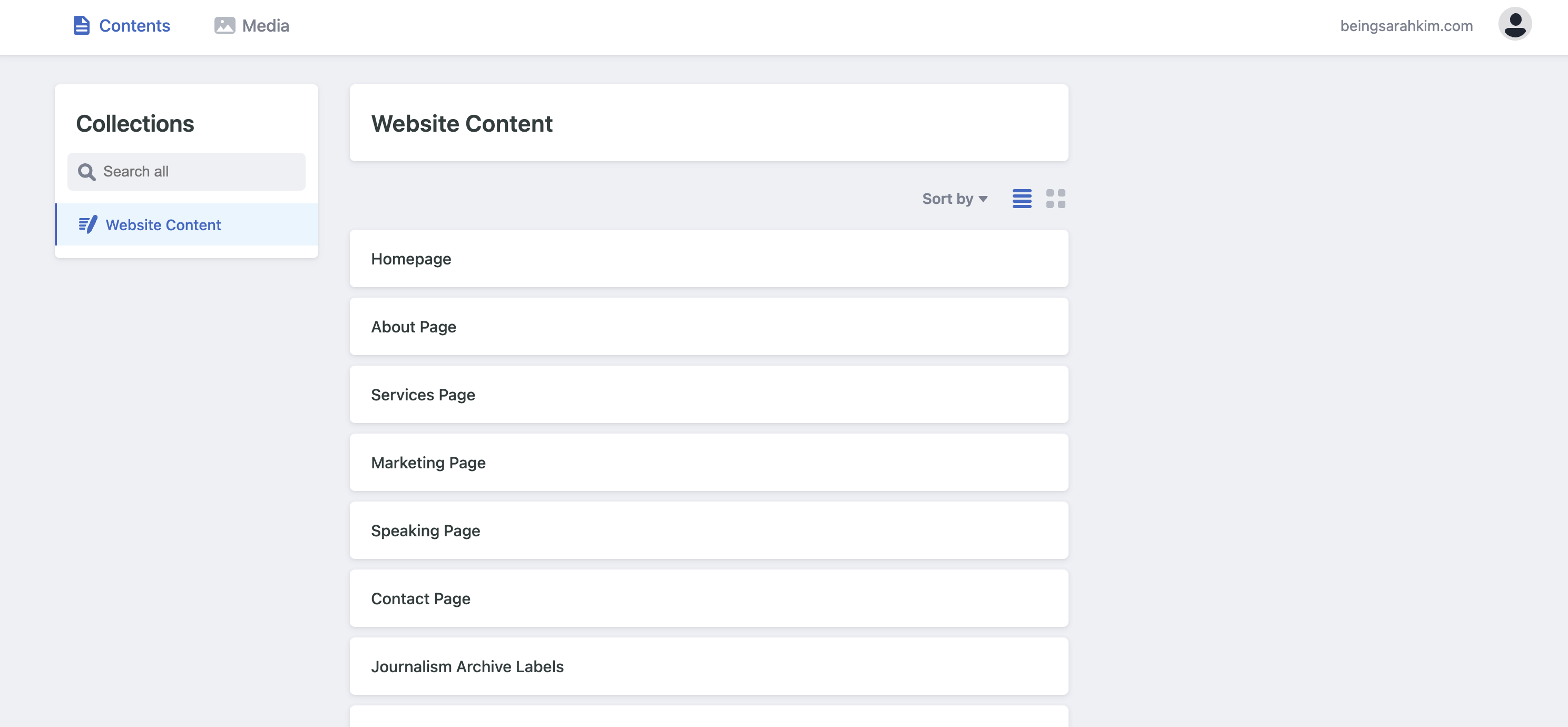 Custom content administration portal listing editable website sections